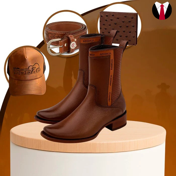 Kit Bota Almeida 3.0 em Couro Legítimo com Palmilha Ortopédica +BRINDES: Boné, Cinto e Carteira