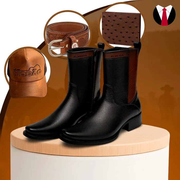 Kit Bota Almeida 3.0 em Couro Legítimo com Palmilha Ortopédica +BRINDES: Boné, Cinto e Carteira